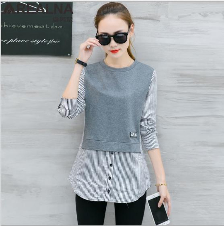 2018 autumn korean style long sleeve Blouse Shirt women tops Casual Striped Patchwork Fake Two Pieces Women Blouses Loose blusas