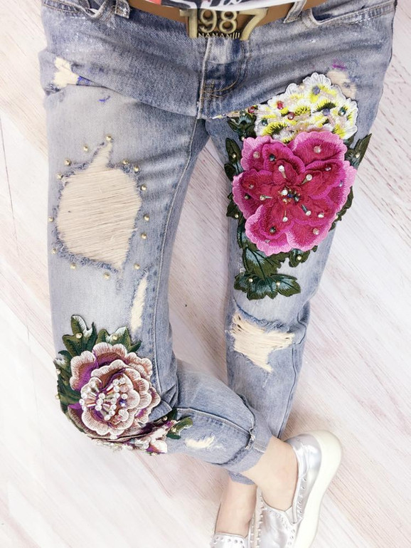 3D Flowers Embroidery Women Denim Jeans Flower Skinny Jeans Pencil Pants With Embroidered Flares Lady Ripped Trousers A151