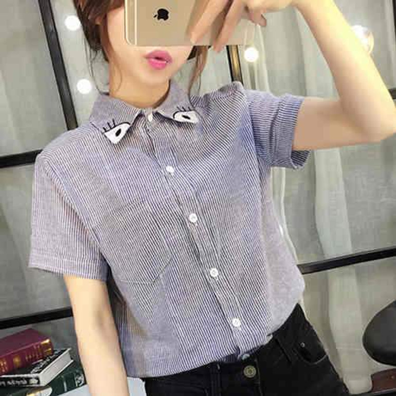 3D Cat Embroidery Blouse Shirt Female Cotton Linen Stripe Blouse 2017 New Summer Cute EYE/DEER Cartoon Shirts Women Tops Ladies