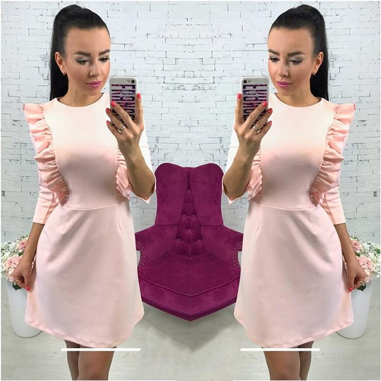 2018 Spring new women's Ruffles dress casual o-neck 3/4 sleeve Tunic dresses back zipper bodycon party Vestidos