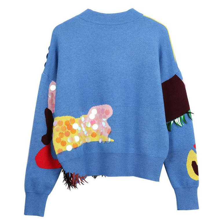 2018 Spring New Fashion Women Sweaters Full Sleeve O-Neck Sequined Blue Pullovers Computer Knitted Pageant C-017