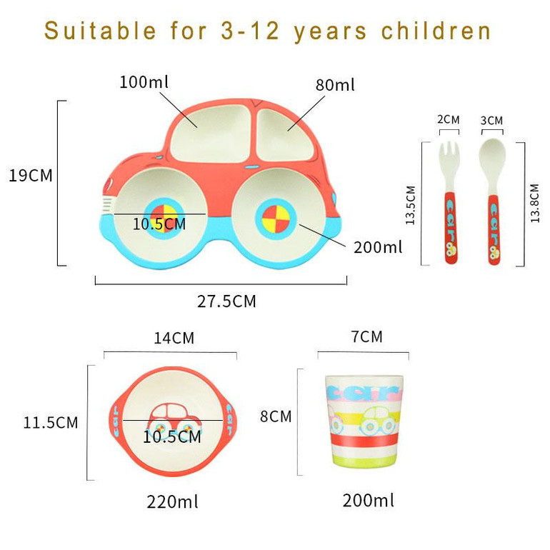 5pcs/set Creative Cartoon Kids Dinnerware Sets Pure Natural Bamboo Lovely Lunch Tray Dishes Children Bowl Tableware