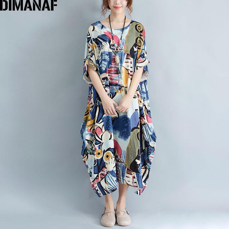 DIMANAF Plus Size Dress Women Summer Pattern Patchwork Print Vintage Linen Dress Female Casual Fashion Oversize Elegant Dresses