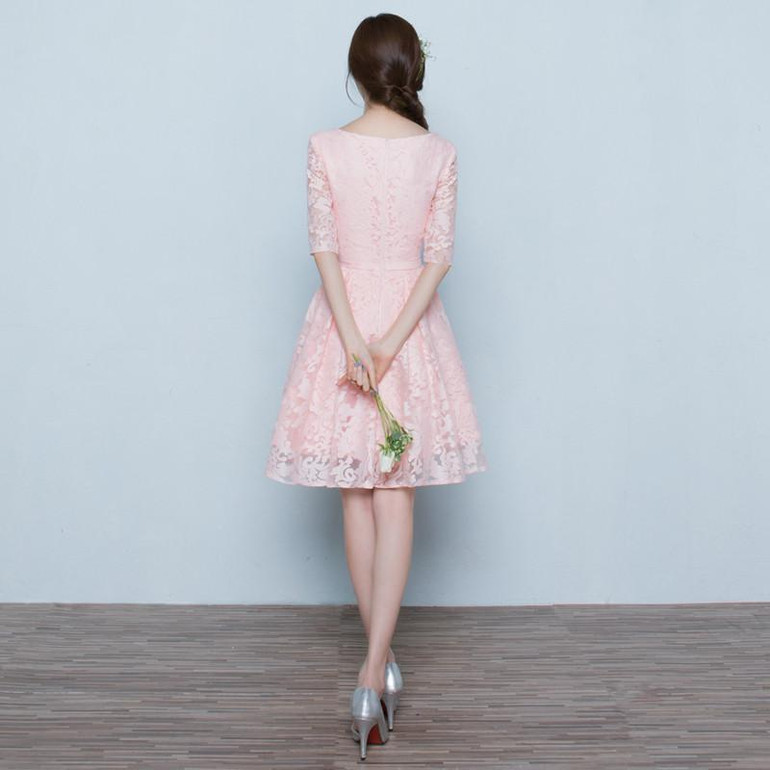 Designer Cocktail Dresses Half Sleeves Knee Length Pink Appliques Lace A-line Prom Gowns Sheer Party Fiesta Dress Spring