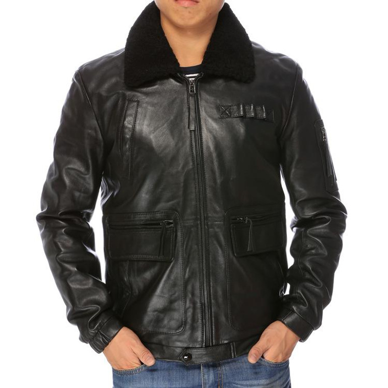 2015 winter men's coat Real Lamb fur collar sheepskin coats cotton liner casual flight jacket black genuin leather jacket men