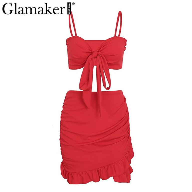 Glamaker Ruffle halter women dress vestidos Sexy v nerk party dress summer Bow tie bodycon mini dress female two piece dresses