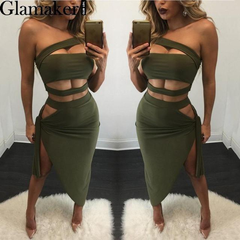 Glamaker Halter split sexy women dress 2017 Elegant evening party summer dress vestidos Autumn hollow out club bandage dress