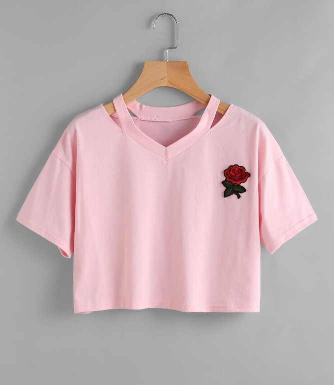 2018 summer V-neck Embroidered Rose Short T-shirt