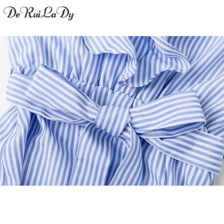 DeRuiLaDy 2018 Women summer Casual dress Ruffles V Neck Sleeveless high Waist Slim Blue Striped Dresses Sexy Backless Vestidos