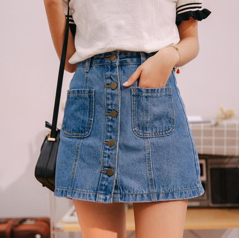 Denim Skirt High Waist A-line Mini Skirts Women 2018 Summer New Arrivals Single Button Pockets Blue Jean Skirt Style Saia Jeans