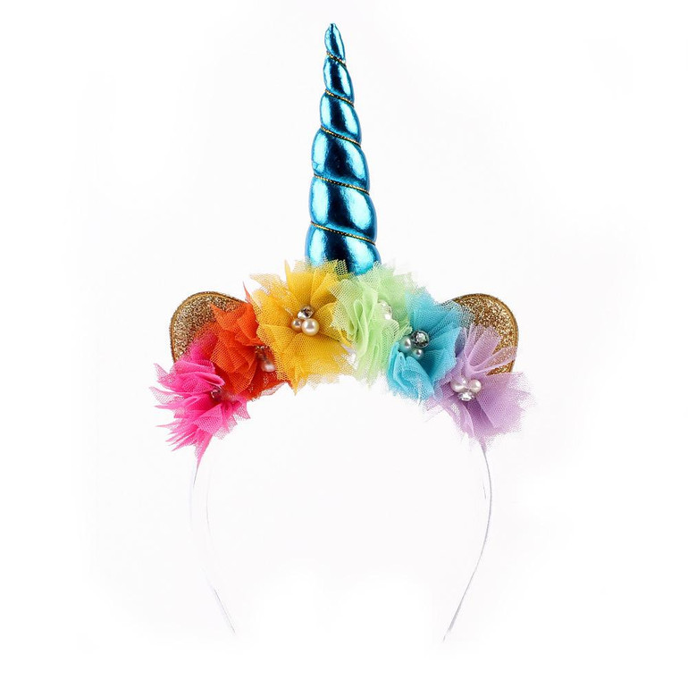2018 Glitter Metallic Unicorn Headband Girls Chiffon Flowers Hairband For Kids leaf flower Unicorn Horn Party Hair Accessories