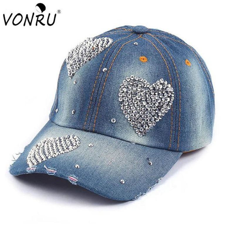 VONRU Brand New Crystal Baseball Cap Women Heart Shape Rhinestones Vintage Jean Cotton Baseball Caps for Female Hot Sale