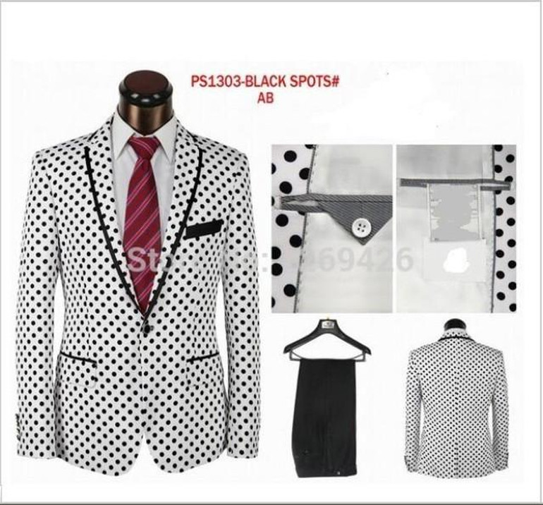 2016 hot sale high quality fashion brand Polka Dot men dress suits party suits wedding suits white black color( jacket+Pant+tie)