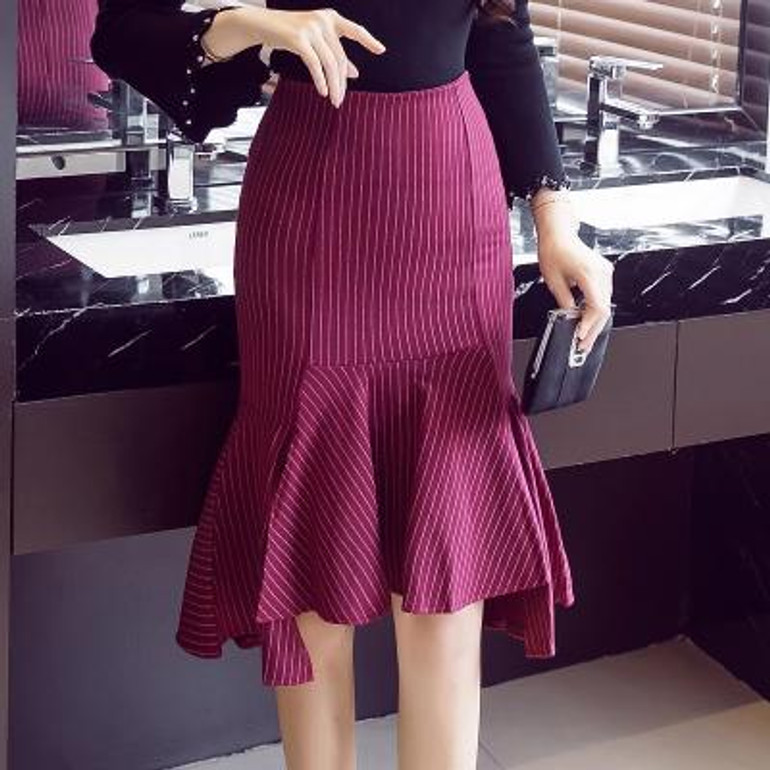 Autumn Winter New Striped Ruffles Hem Fashion Women's Skirt High Waist Slim Sexy Mermaid Skirt Office Lady Midi Skirt S-5XL