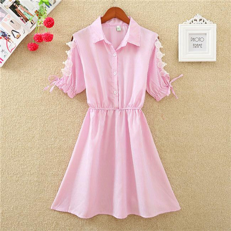 2018 Elegant Office Summer Dress Shirt Elegant Blue Stripped Cotton Turn Down Collar Wear to Work Shirts Women Dresses #BD728