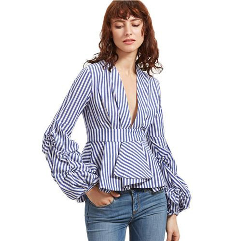 SheIn Blouse Office Lady Woman Blue Striped Deep V Neck Lantern Sleeve Box Pleated Peplum Top Womens Elegant Long Sleeve Blouse