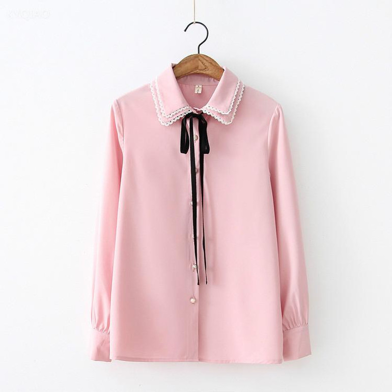 KYQIAO Lolita shirt Japanese school uniform 2018 mori girls autumn spring Japanese preppy style cute white pink bowknot blouse