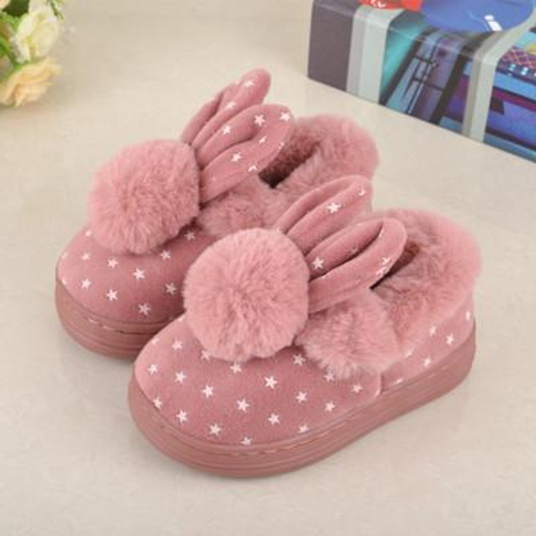 Children'S Cotton Shoes Kids Home Slippers Boys And Girls Baby Cute Rabbit Ears Plush Ball Thickening Warm Indoor Shoes Fashion