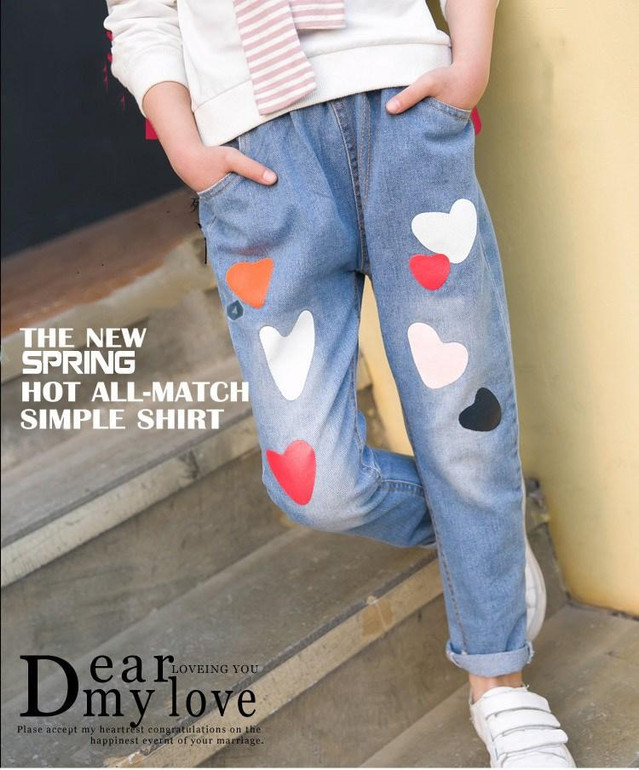 Children's Denim Clothing Girls Jeans Spring Autumn Long Trousers Heart Print Cute Pants Outfit For Teenager Girls Child Clothes