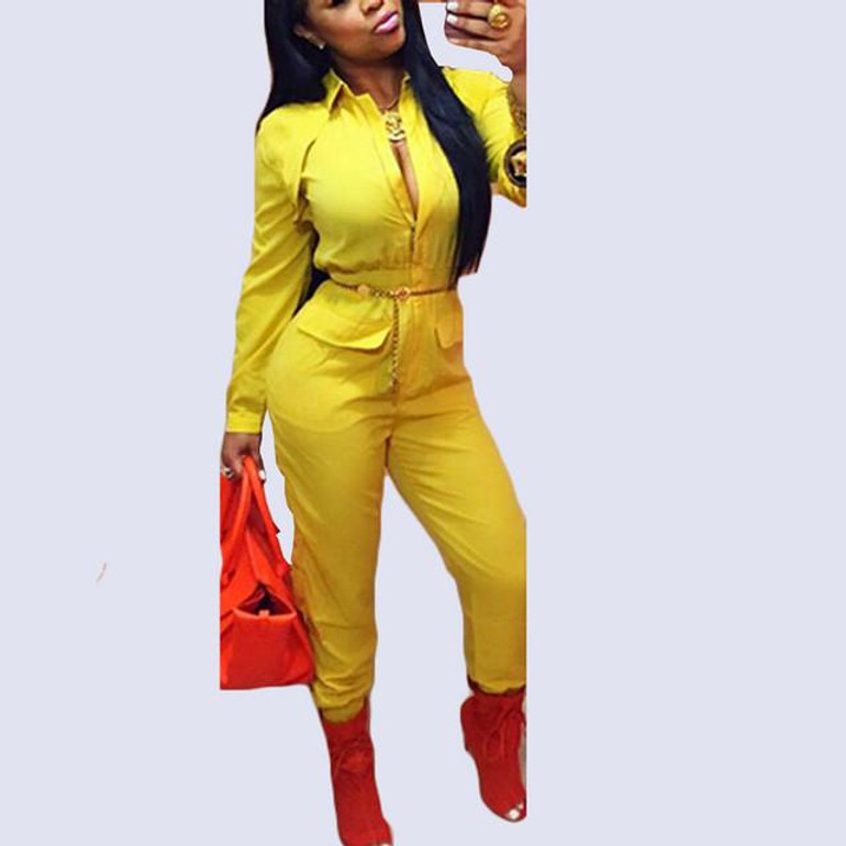 2016 Autumn Sexy Rompers Women Jumpsuit Turn down collar Long Sleeve Overalls Pockets Zipper macacao feminino comprido