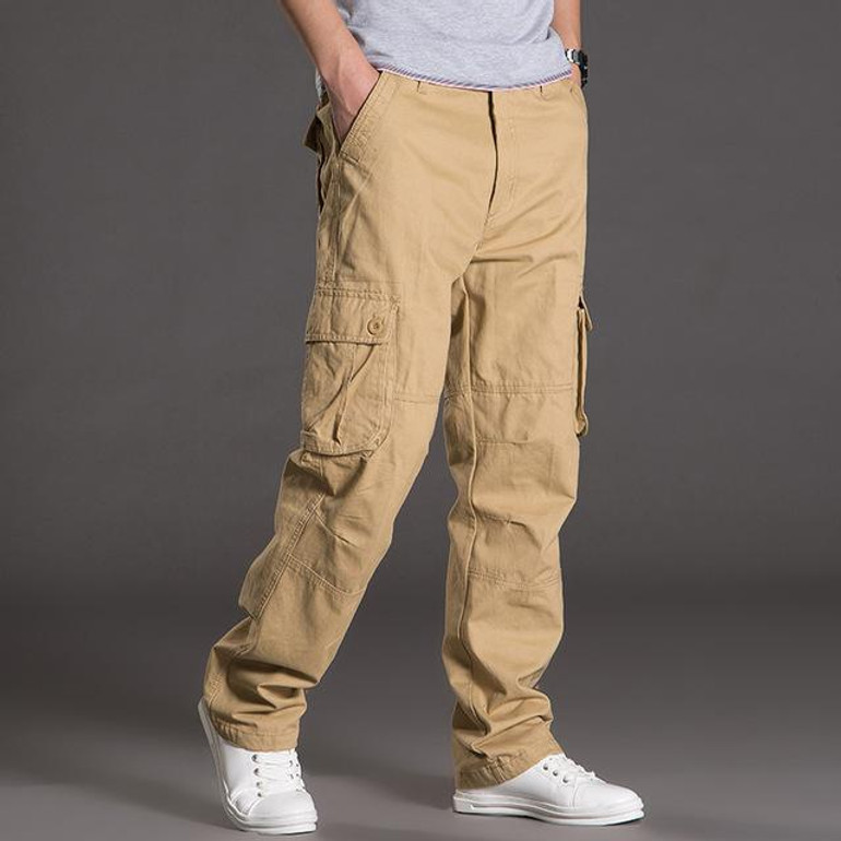 2016 autumn loose cargo pant multi-pockets straight trousers plus size casual army military pants for men