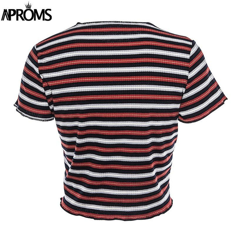 Aproms Multi Stripe Blocked Stretch T-shirt Women Summer Crop Top 90s Basic Tshirt Casual Short Sleeve Ribbed T Shirt Female Top