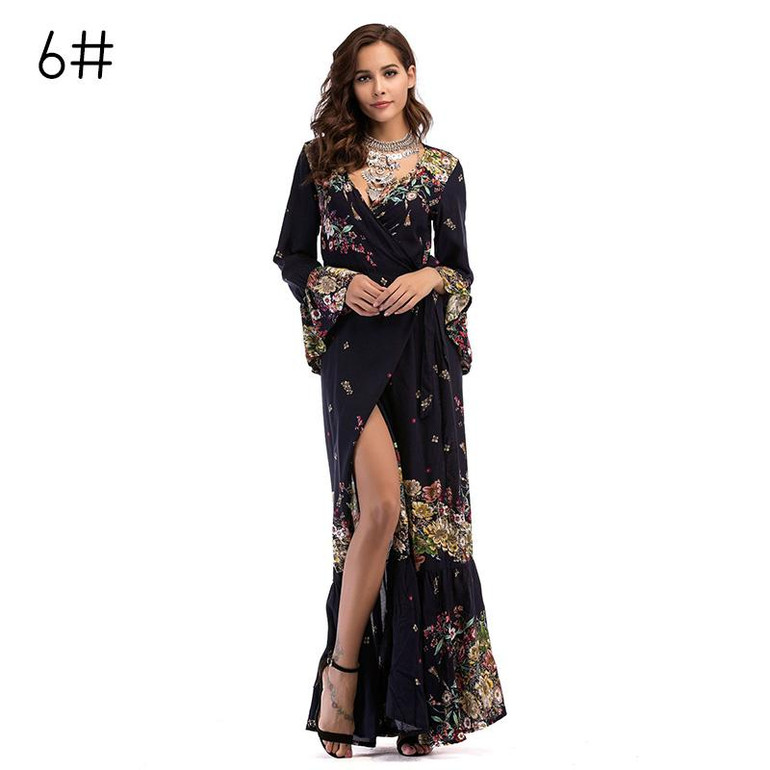Aproms Flare Sleeve Wrap Tie Boho Long Maxi Dress Women Long Sleeve Flower Print Festival Day Dresses Female Loose Dress Vestido