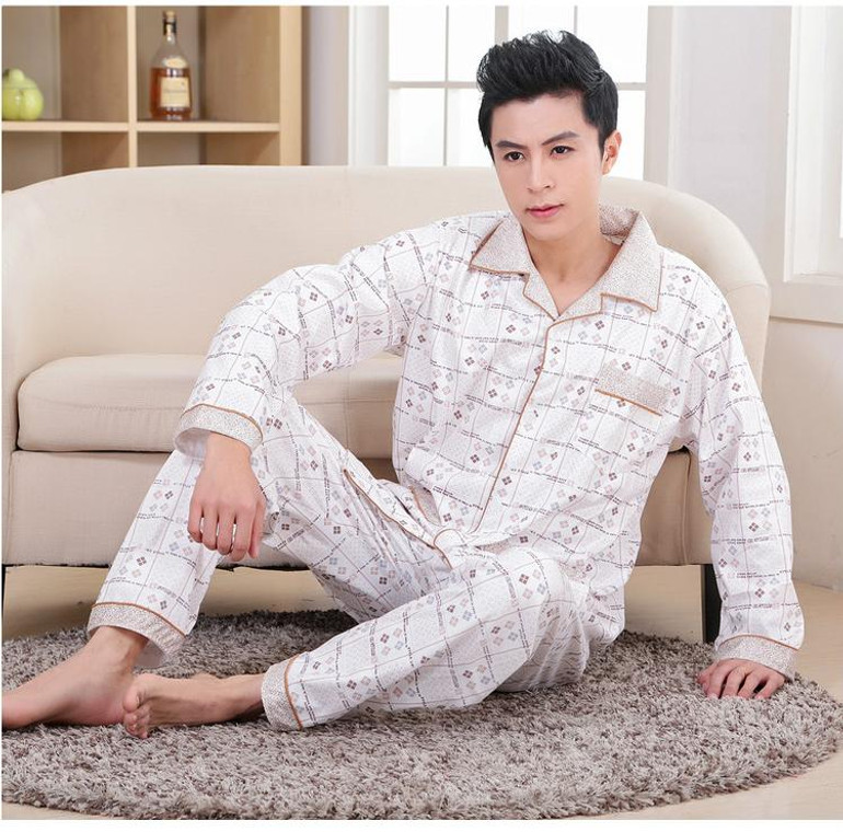 2017 Spring Fall Winter Men 100% Cotton Pajamas Set of Sleepcoat &amp; Trousers Adult Casual Sleepwear &amp; Nightclothes Plus Size 4XL