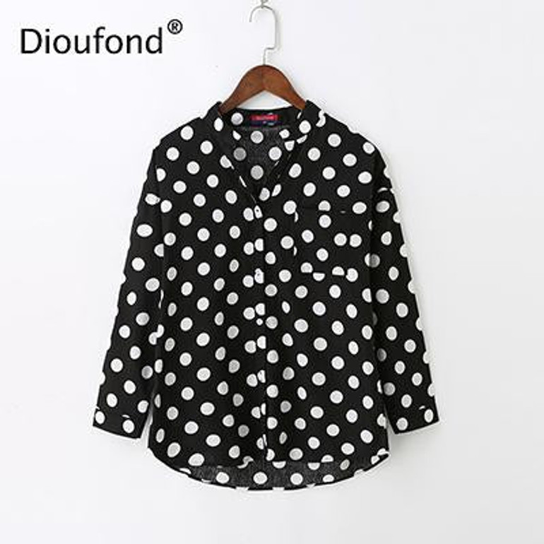 Dioufond Casual Pockets Women's Shirts Polka Dot Blusa Feminina V-neck Long Sleeves Women's Fashion Blouses White Black Red Tops