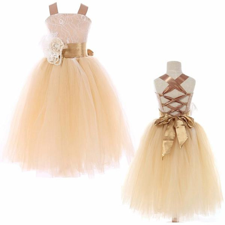 Kids Girls Wedding Girls Bridesmaid Dress Princess Party Pageant Formal Dress Crossed Back Sleeveless Lace Tulle Dress 2-14Y