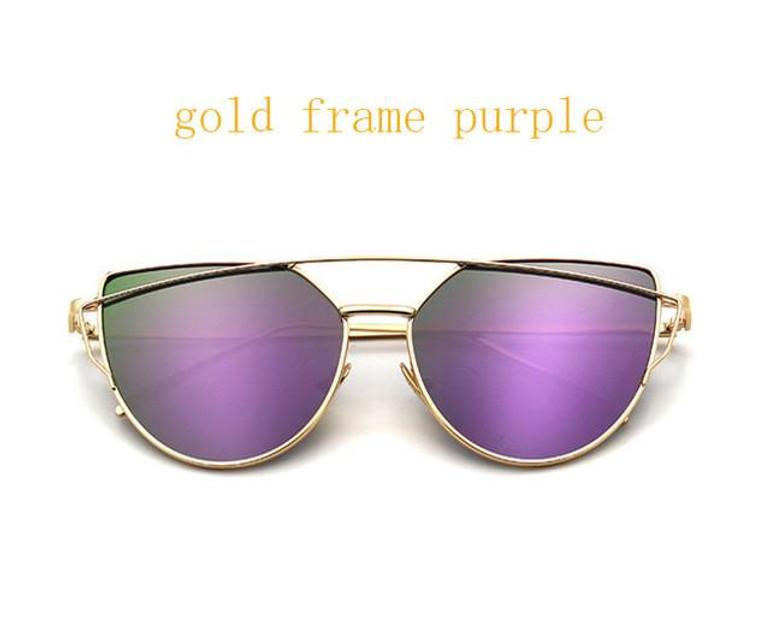 2017 Cat Eye vintage Brand designer rose gold mirror Sunglasses For Women Metal Reflective flat lens Sun Glasses Female oculos