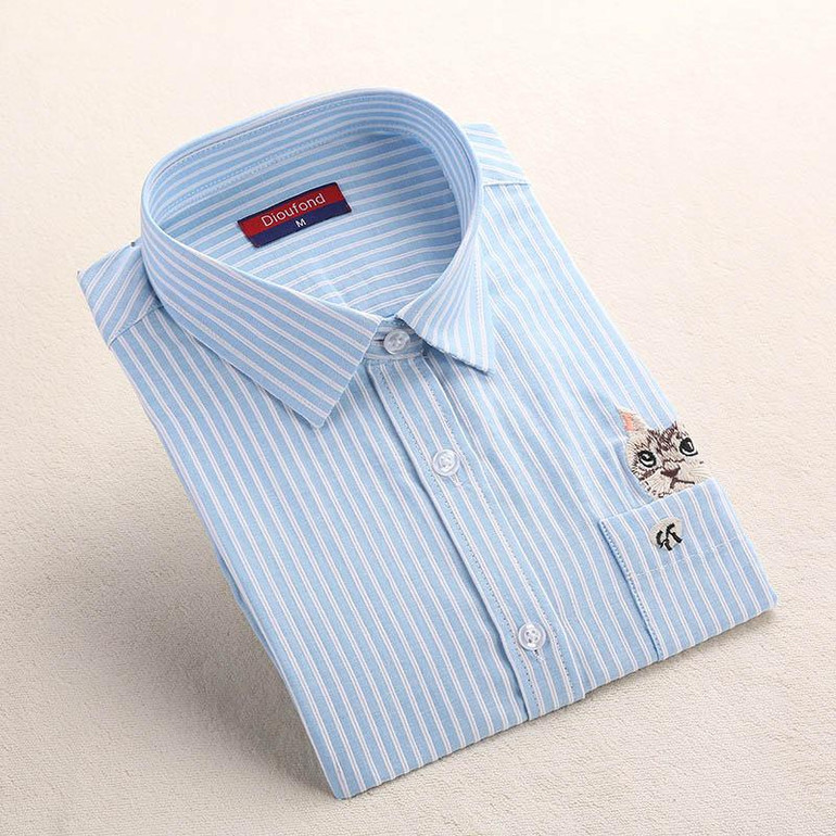 Dioufond Striped Cat Embroidery Blouse Shirt Women Long Sleeve Tops 2017 Casual Pocket Button Down Blouses Embroidered Plus Size