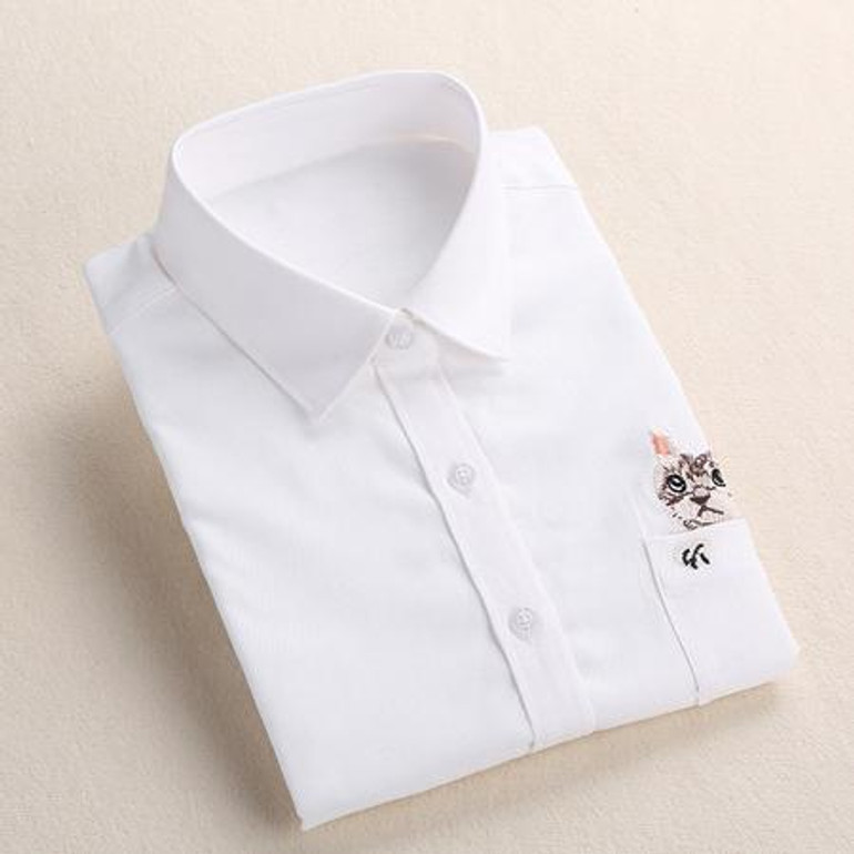 Dioufond Print Cat Embroidery on Pocket Shirts Lady 2017 Spring New Fashion White Navy Casual Blouse Shirts Long Sleeve Blouse