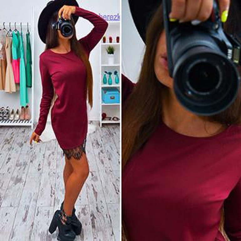 2017 Spring Autumn Women Dress Brief Sheath O Neck Long Sleeve Lace Patchwork Female Vestidos plus size DDUP22