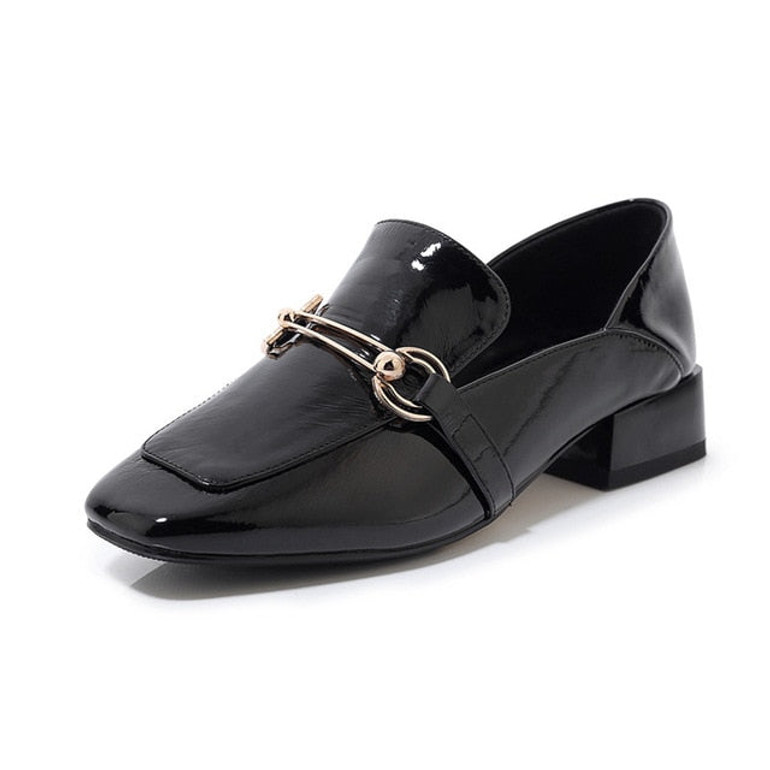 FEDONAS Spring Autumn Women Solid Classic Pumps Metal Decoration Square Toe Med Heels Single Shoes Genuine Leather Shoes Woman
