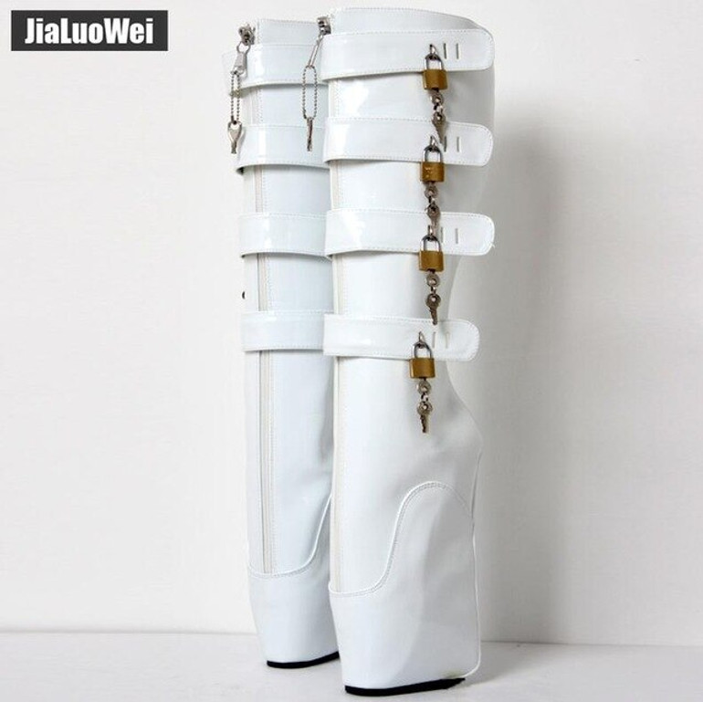 jialuowei Fetish Ballet Boots Women 18cm Super High Heel Sexy Wedge Hoof Heelless Platform Shoes Lockable Knee High Slave Boots