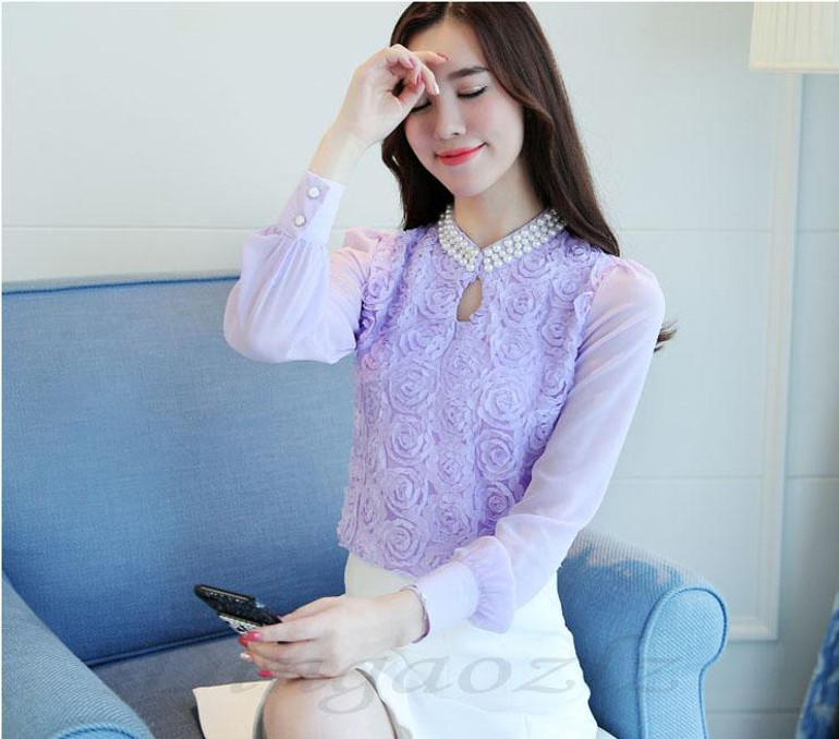 New style Women Chiffon blouse Sexy Flower Beaded lace Tops long sleeved Casual shirt Patchwork Women clothing