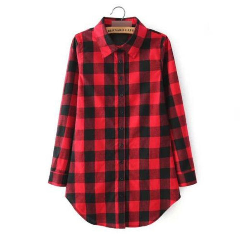 New Style Fashion Hot Fashion Women Long Sleeve Blouse Plaid Print Shirt Single Breasted Cotton Shirt