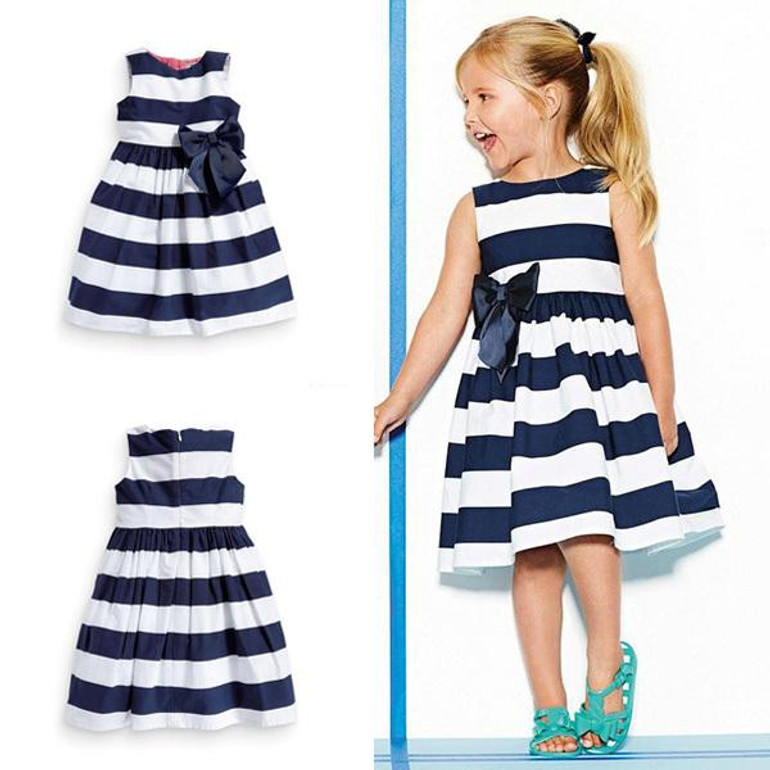 Fashion Baby Kid Girls Sleeveless One Piece Dress Blue Striped Bowknot Tutu Dresses Summer Style