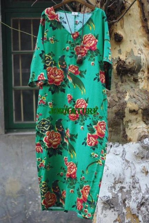 Cotton Linen Vintage Bird Flower Pint V-neck Three Quarter Sleeve Washed Women Dress Plus Size Loose 2017 New Spring Women Robe