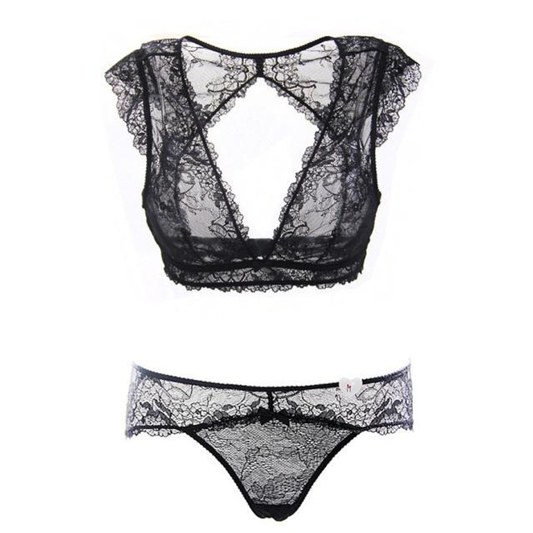 Hollow transparent lace sexy underwear vest no rims bra sets Deep V