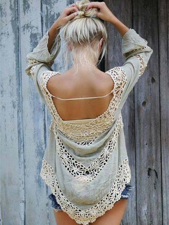 Hollow Backless Long Sleeves Cover-Ups Tops