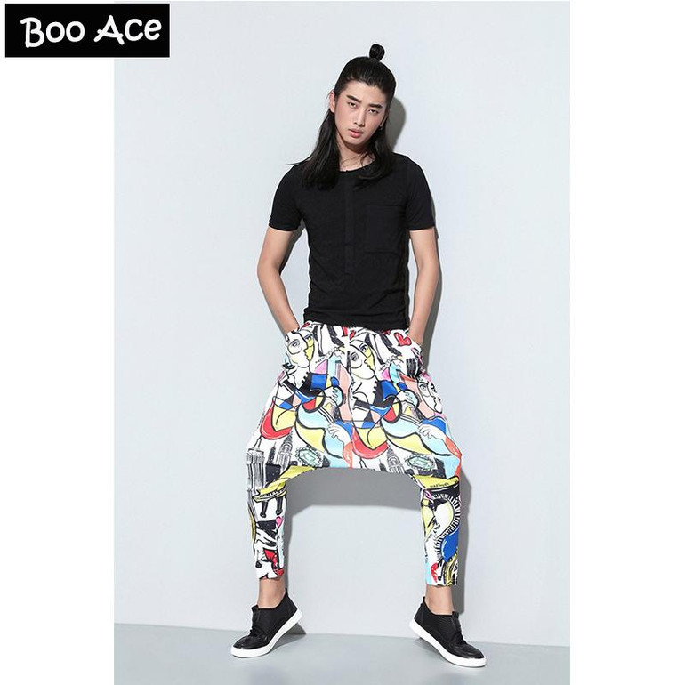 Hip Hop Men Casual Harem Pants Ankel-Length Big Crotch Elastic Waist Casual loose pants pencil calf