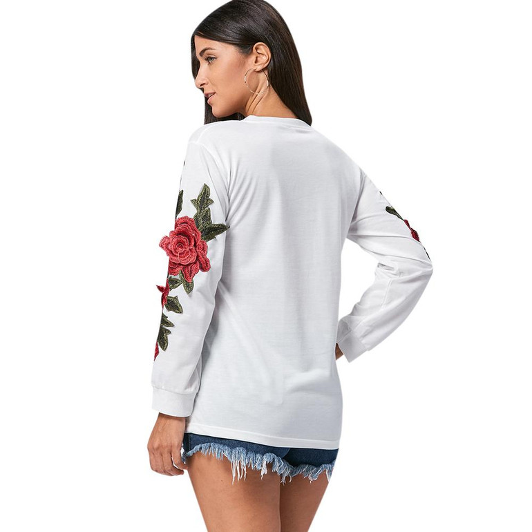 AZULINA Sweet Floral Applique Black Sweatshirt 2017 New Autumn Women Tunic Vintage Long Sleeve Pullover Casual O Neck Sweatshirt