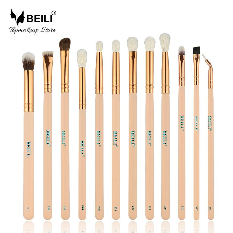BEILI 12pcs Rose Golden 100% Natural Goat Pony Synthetic Hair Eye shadow Eyeliner Concealer Makeup Brush Set