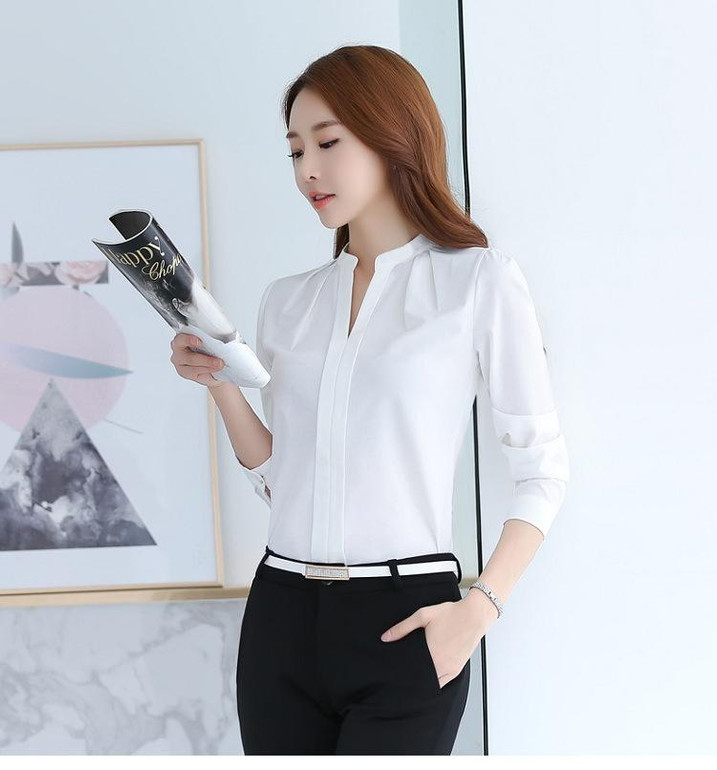 BEFORW Summer Women Blouse White Pink V-neck Shirt High Quality Long Sleeve Elegant Womens Clothing Office Wear Chiffon Blouse