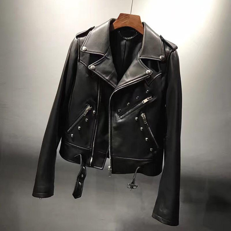 Genuine Leather Jacket Women Real Sheepskin Leather Jacket Rivet Motorcycle Biker Lady Coat Female Natural Sheep Leather Jacket