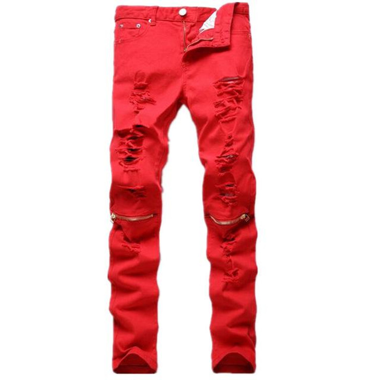 MCCKLE New Fashion Men Ripped Designer Jeans Pants Slim Fit Knee Zipper Jeans Men Club Wear Bright Color Denim Jogger Q1159