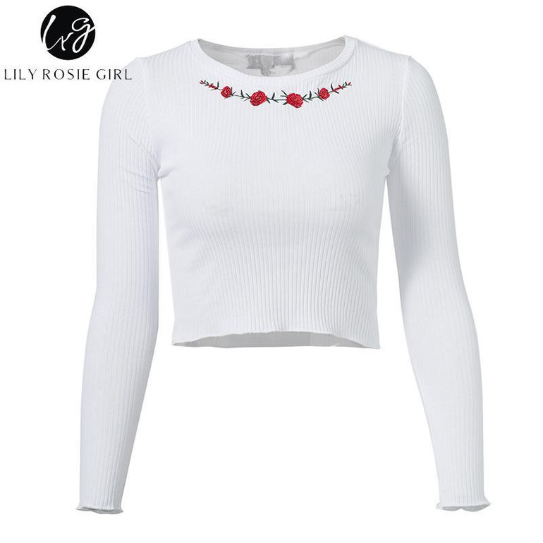 White Floral Embroidery Knitted Crop Top for Women - Autumn 2017