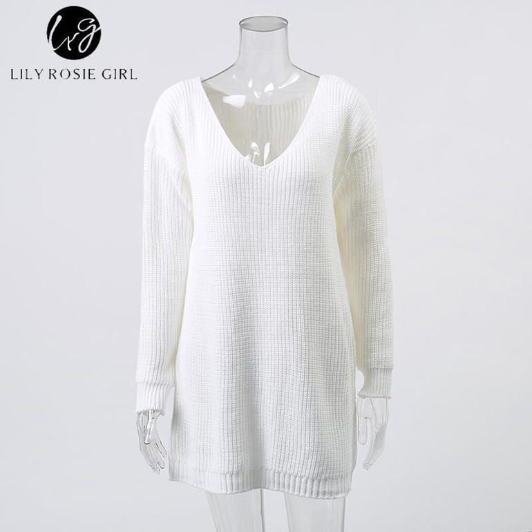 V Neck Off Shoulder Women's Sweater - Casual Autumn Winter Top